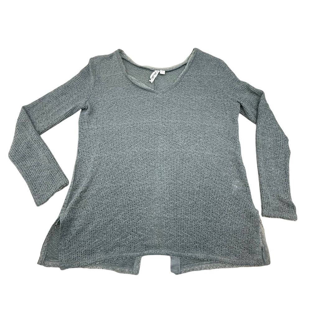 Olive Hill Sage Green Open Knit Split Back Lace Trim Tunic Sweater fall